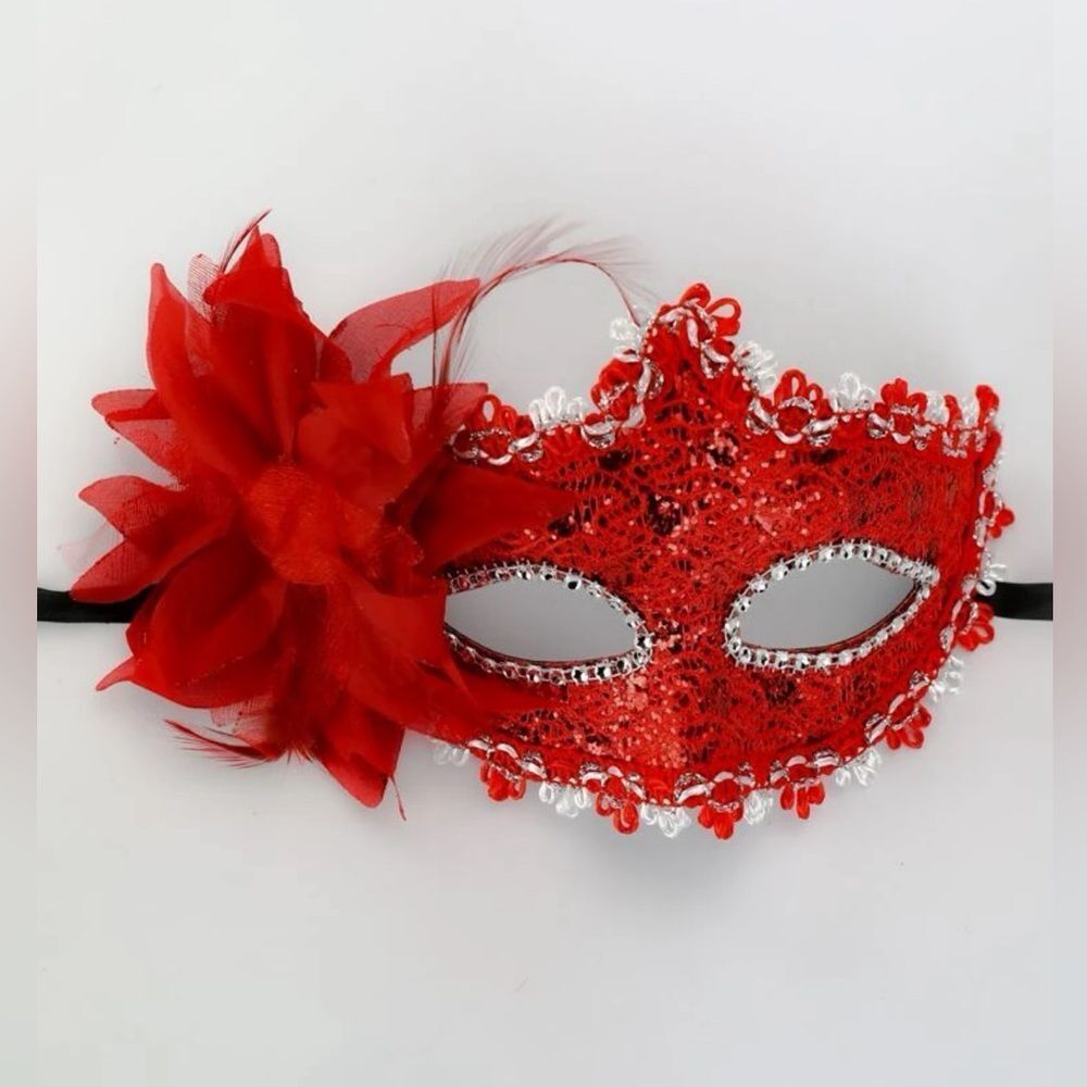 Red Sequin Floral Feather Masquerade Eye Mask